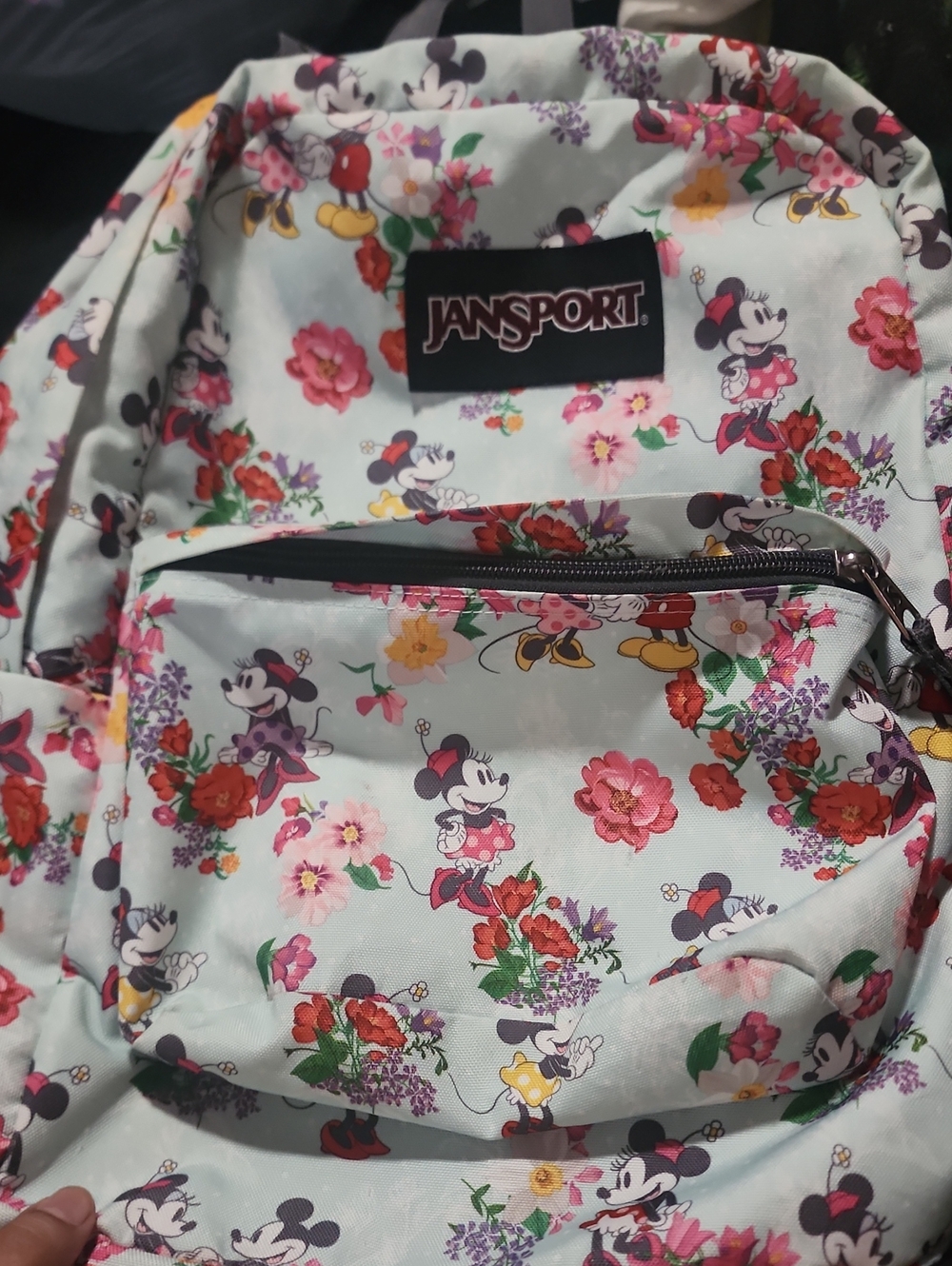Jansport Mint Backpack with Pink, Red & Yellow Floral Minnie Print